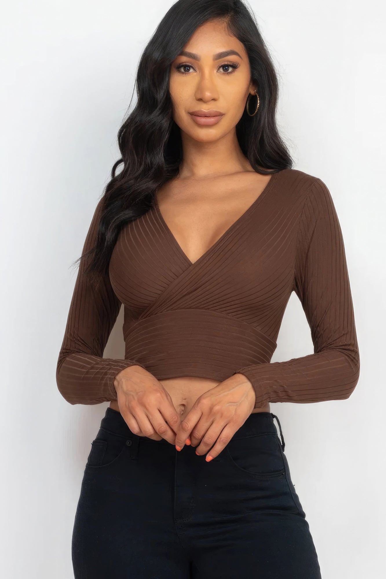 Ribbed Wrap Front Long Sleeve Top - Body By J'ne