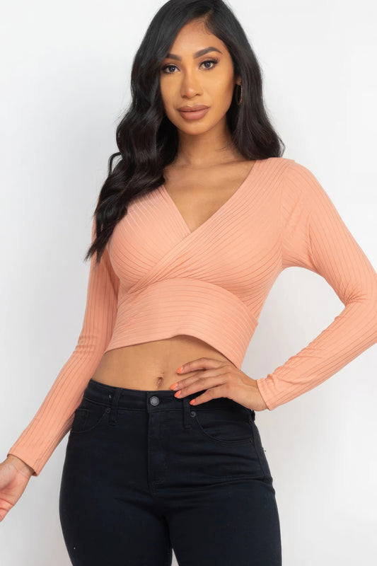 Ribbed Wrap Front Long Sleeve Top - Body By J'ne