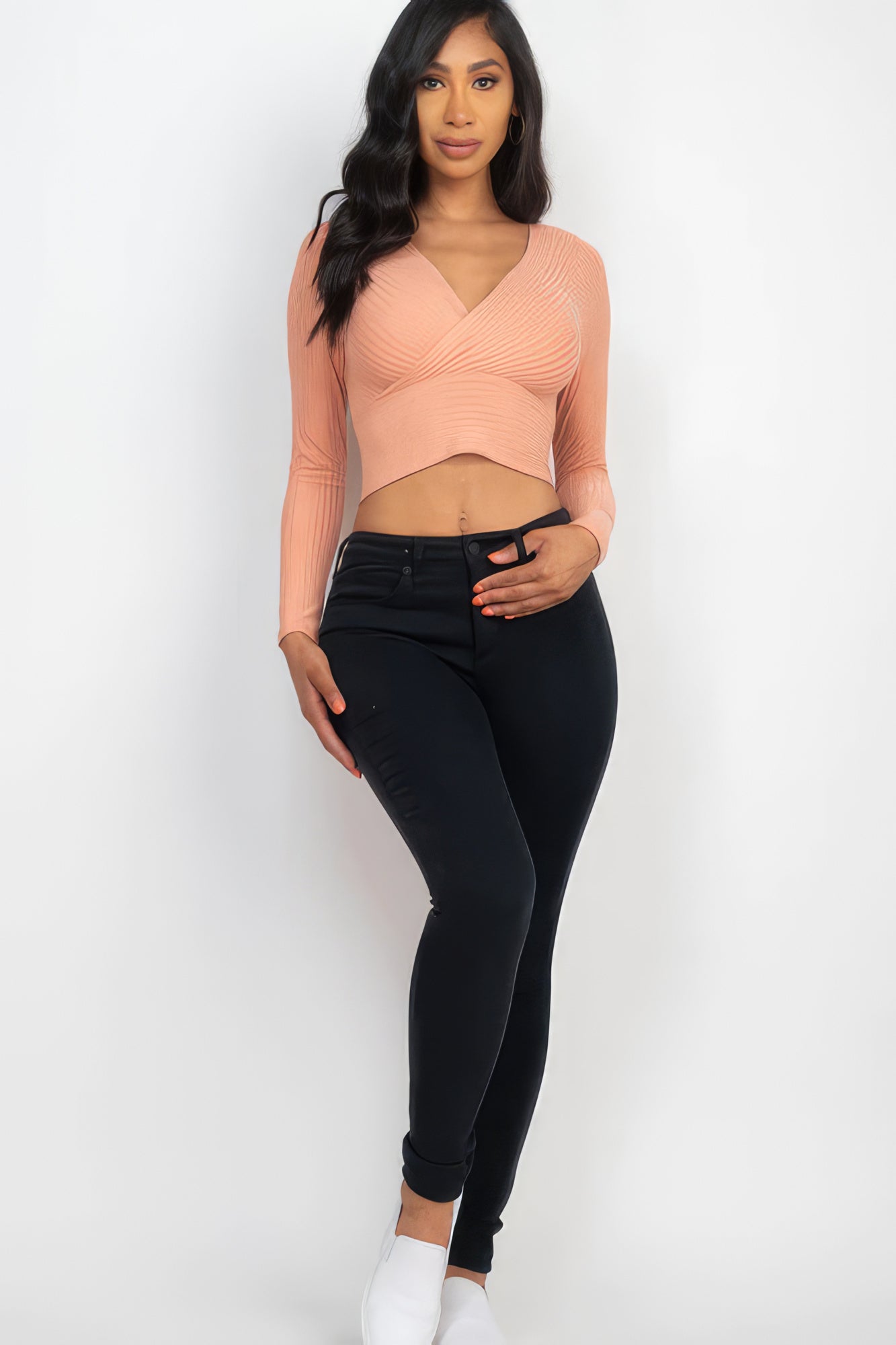 Ribbed Wrap Front Long Sleeve Top - Body By J'ne