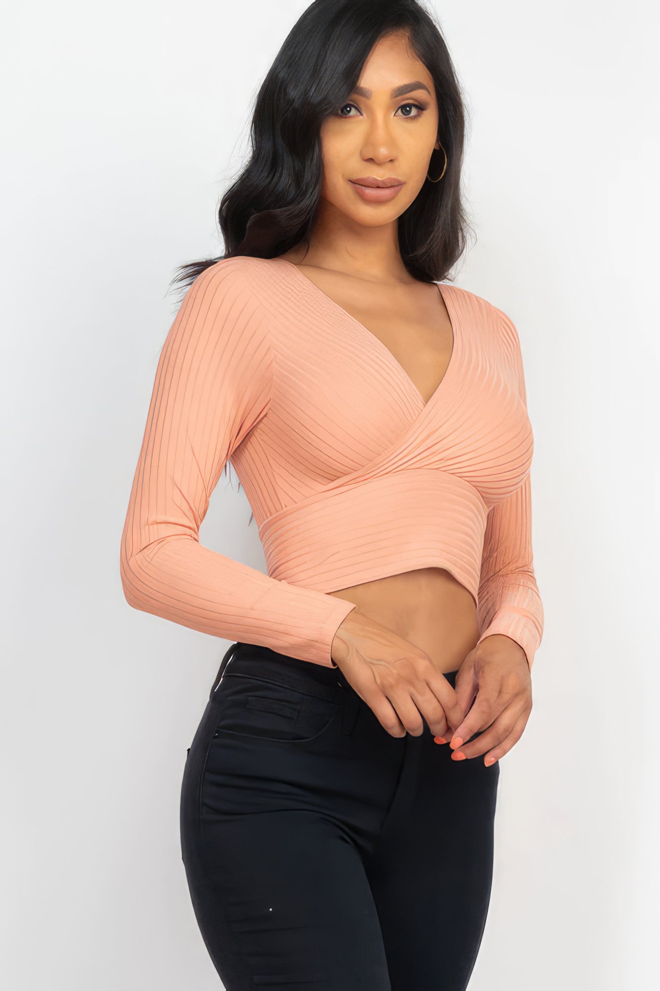 Ribbed Wrap Front Long Sleeve Top - Body By J'ne