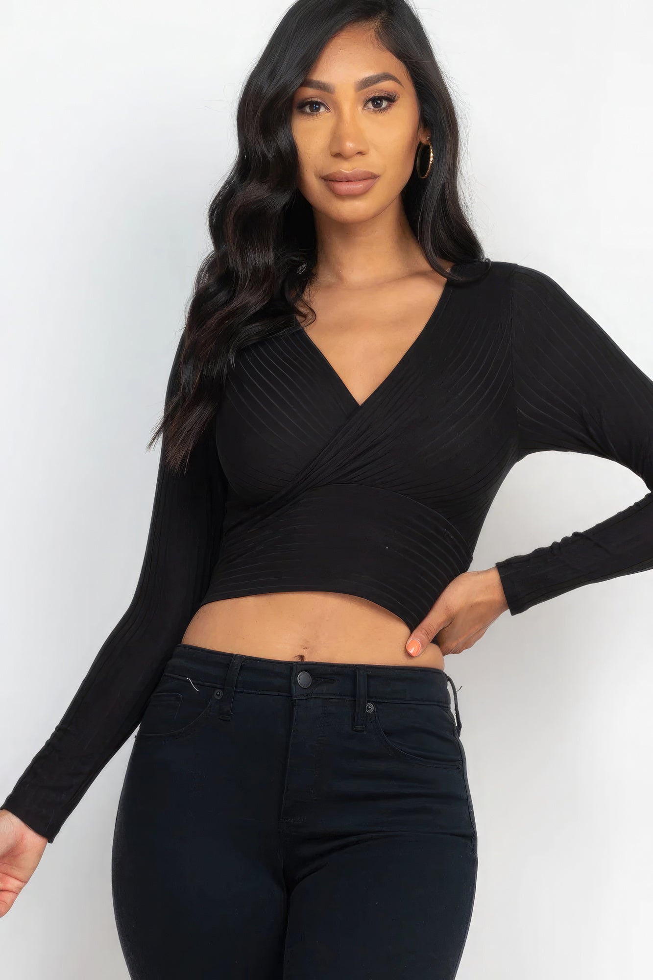 Ribbed Wrap Front Long Sleeve Top - Body By J'ne