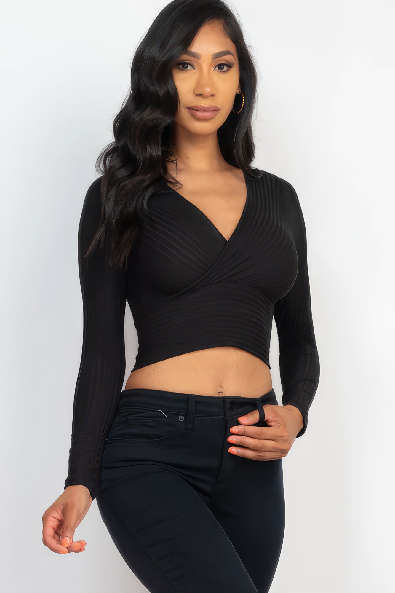 Ribbed Wrap Front Long Sleeve Top - Body By J'ne