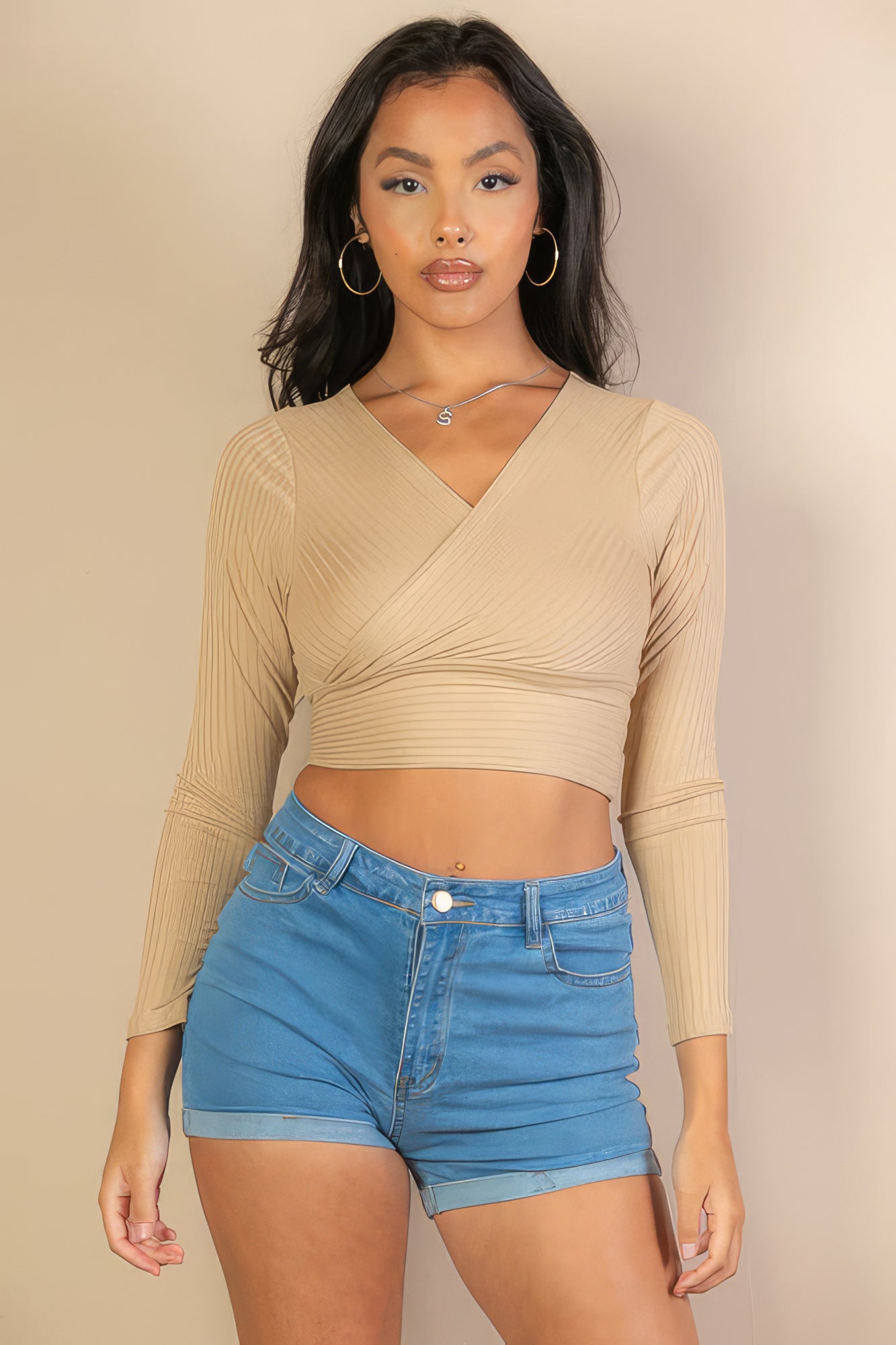 Ribbed Wrap Front Long Sleeve Top - Body By J'ne