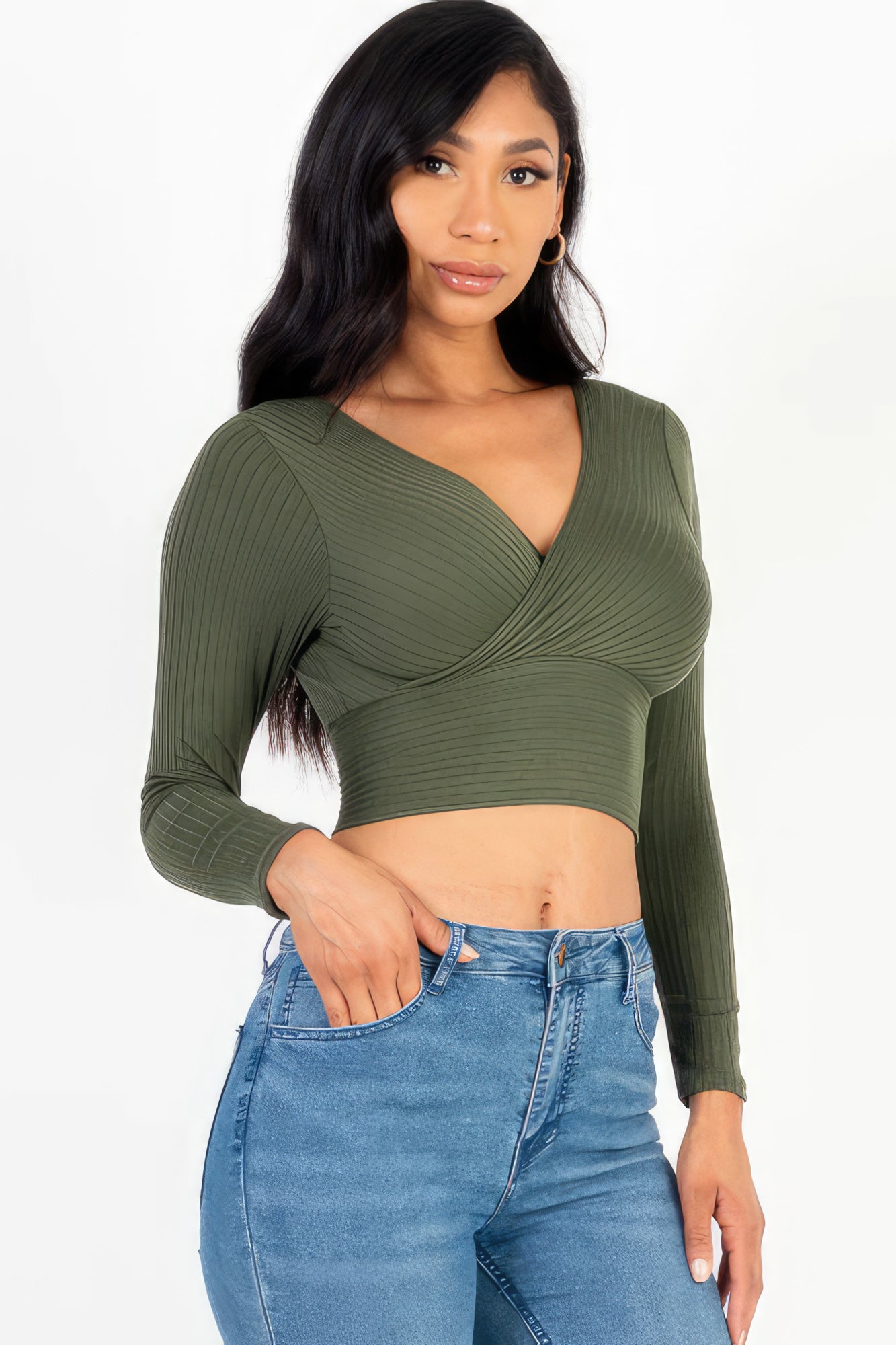 Ribbed Wrap Front Long Sleeve Top - Body By J'ne