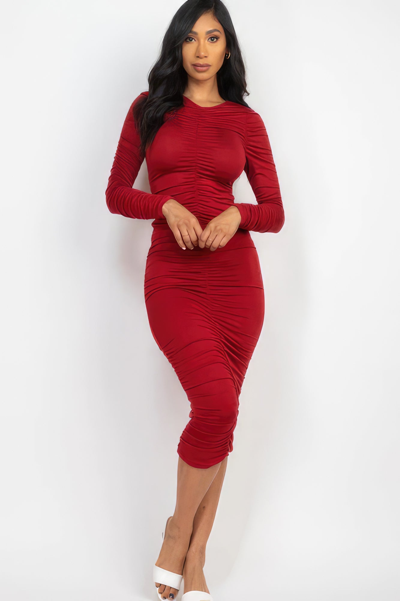 Ruched Long Sleeve Midi Dress - Body By J'ne