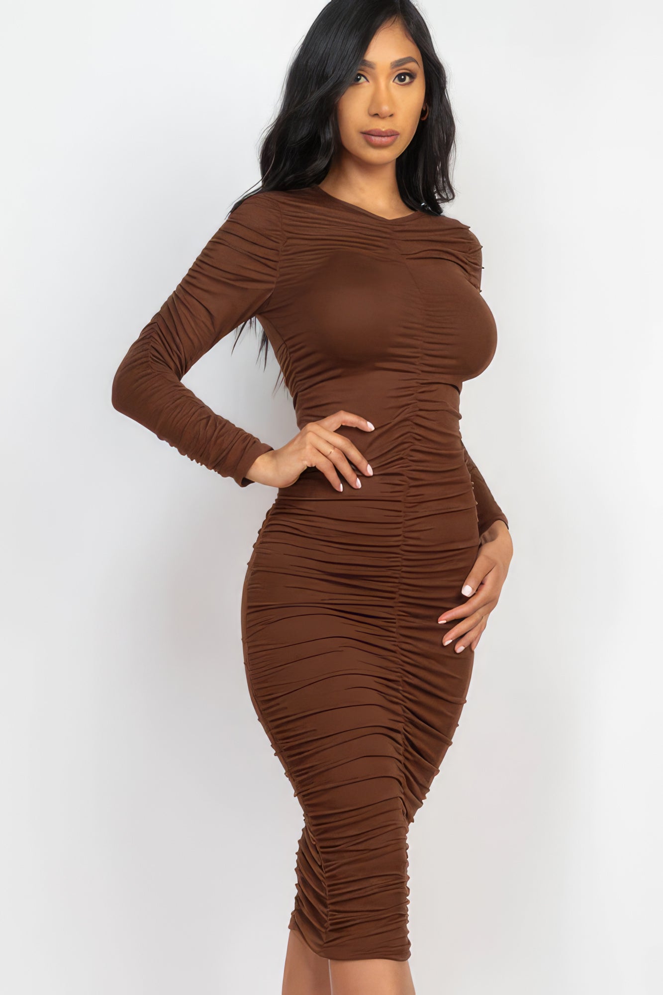 Ruched Long Sleeve Midi Dress - Body By J'ne