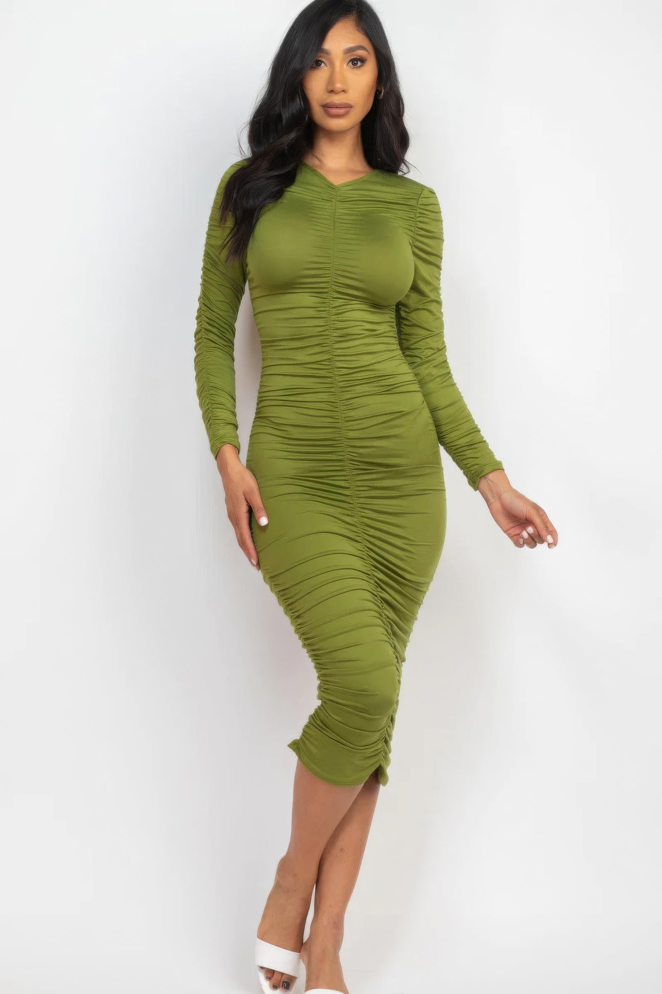 Ruched Long Sleeve Midi Dress - Body By J'ne