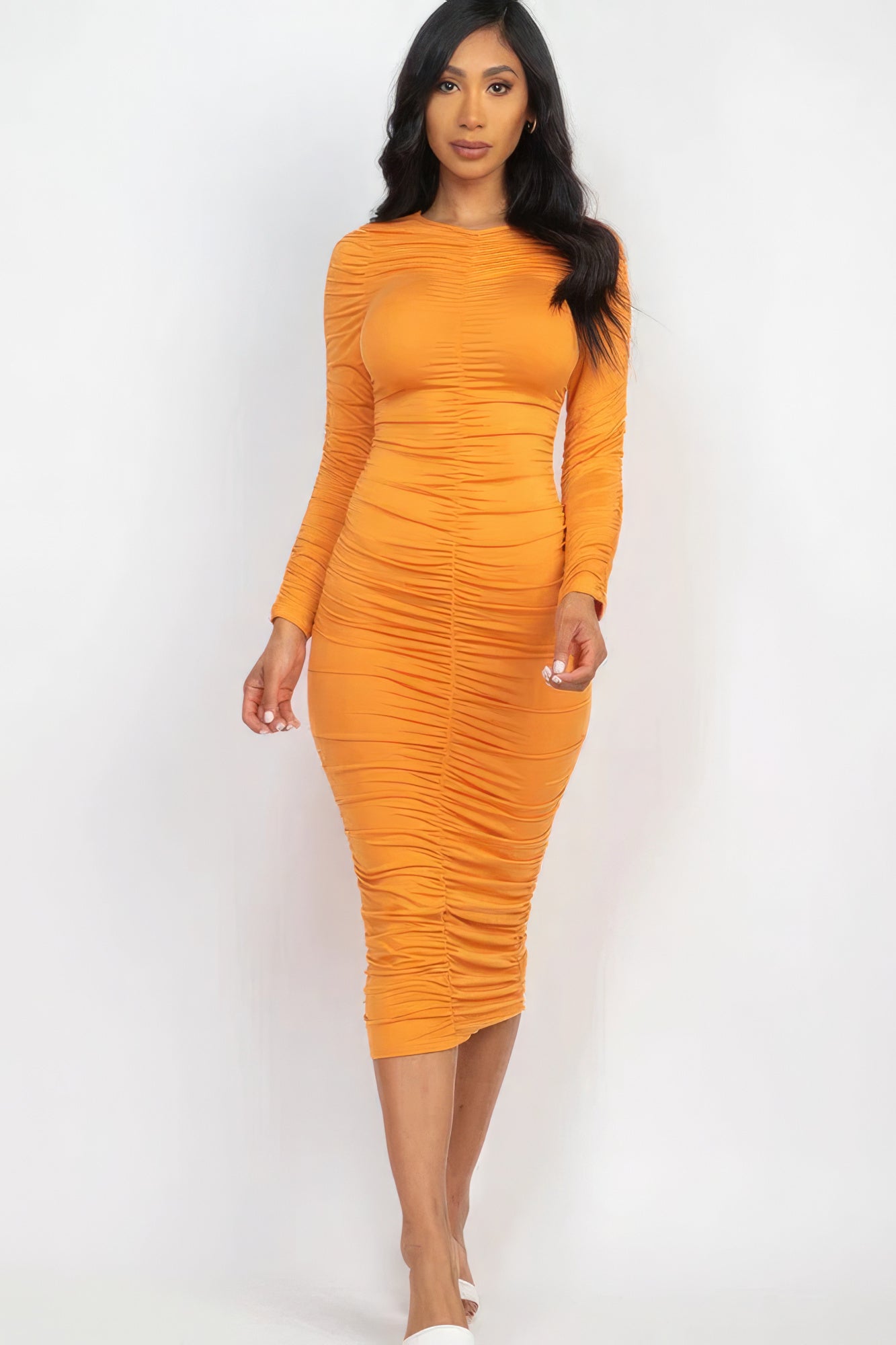 Ruched Long Sleeve Midi Dress - Body By J'ne