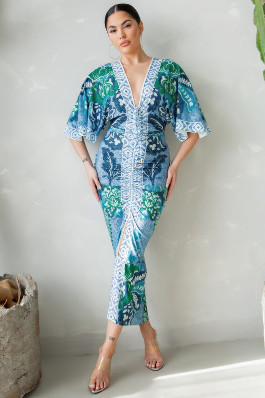 Front Ruched V-neck Midi Dress - Body By J'ne