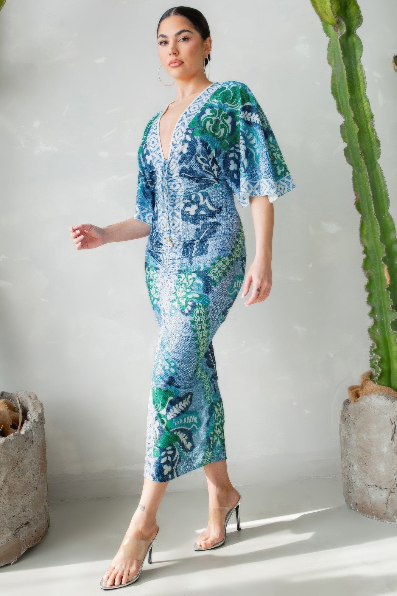 Front Ruched V-neck Midi Dress - Body By J'ne