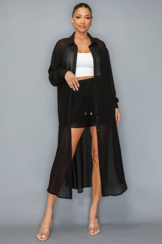 Chiffon Button Down Long Sleeve Side Slit Long Top With Short Set - Body By J'ne