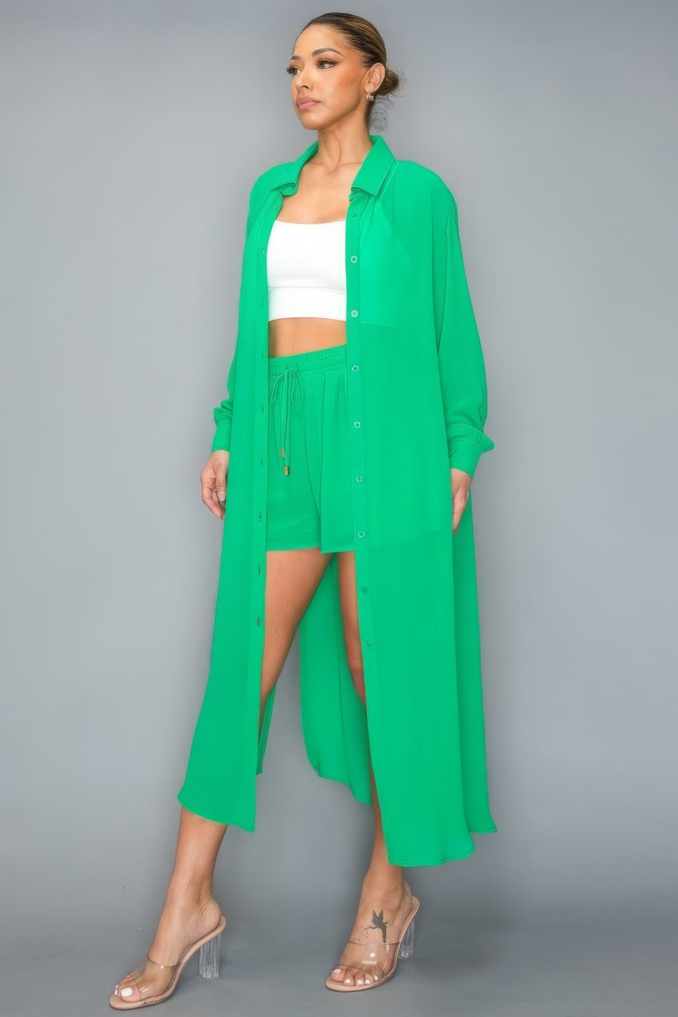 Chiffon Button Down Long Sleeve Side Slit Long Top With Short Set - Body By J'ne