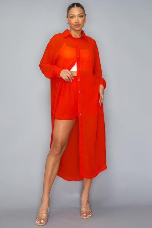 Chiffon Button Down Long Sleeve Side Slit Long Top With Short Set - Body By J'ne