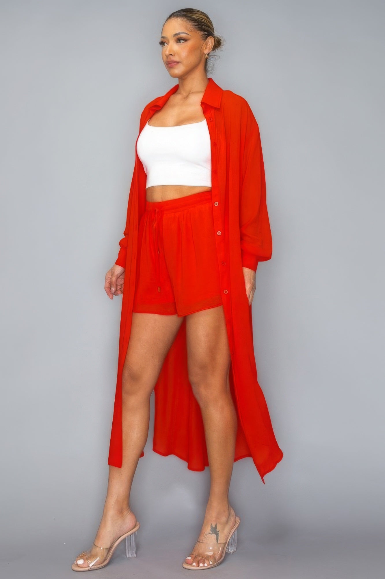 Chiffon Button Down Long Sleeve Side Slit Long Top With Short Set - Body By J'ne