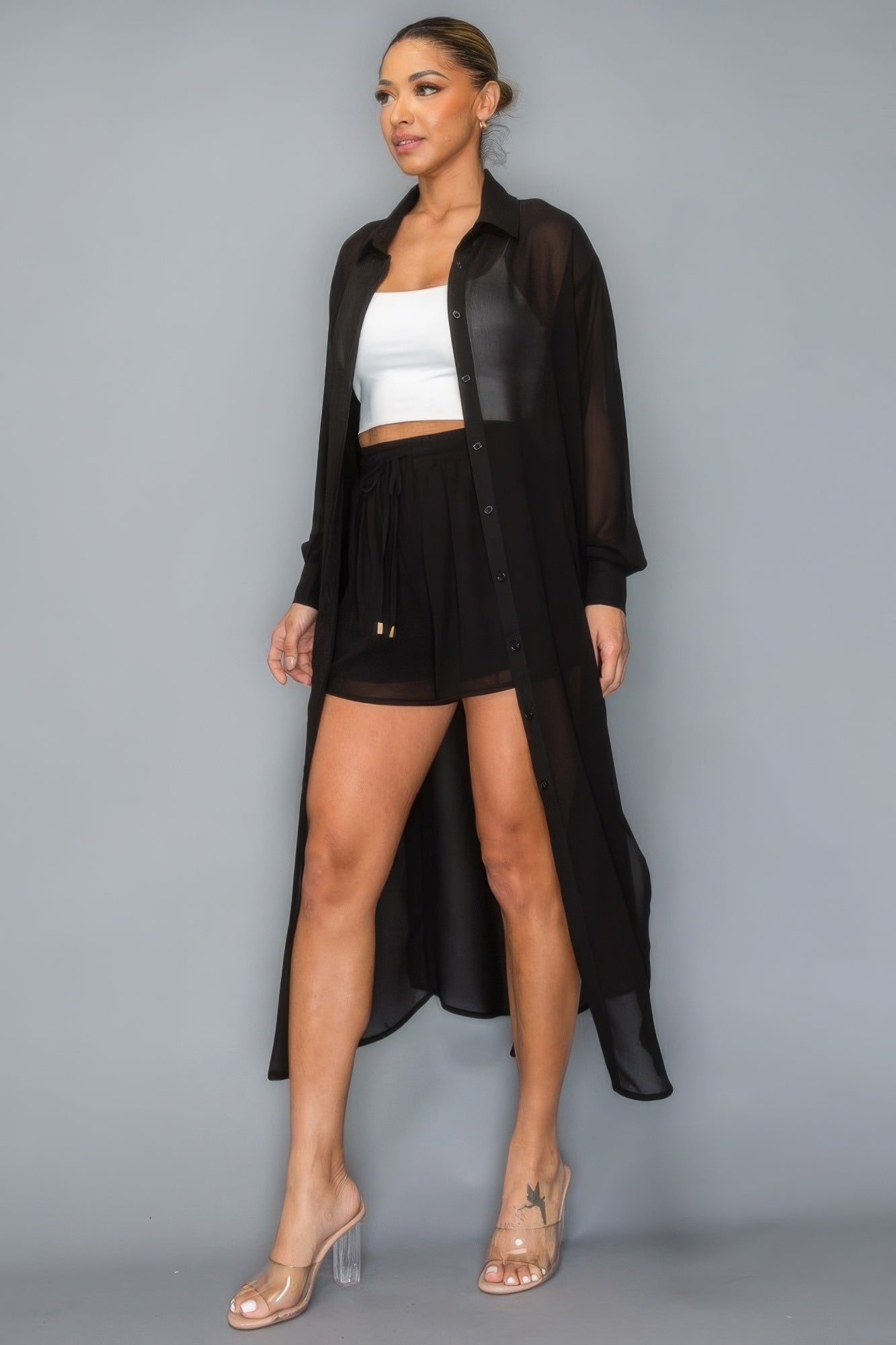 Chiffon Button Down Long Sleeve Side Slit Long Top With Short Set - Body By J'ne