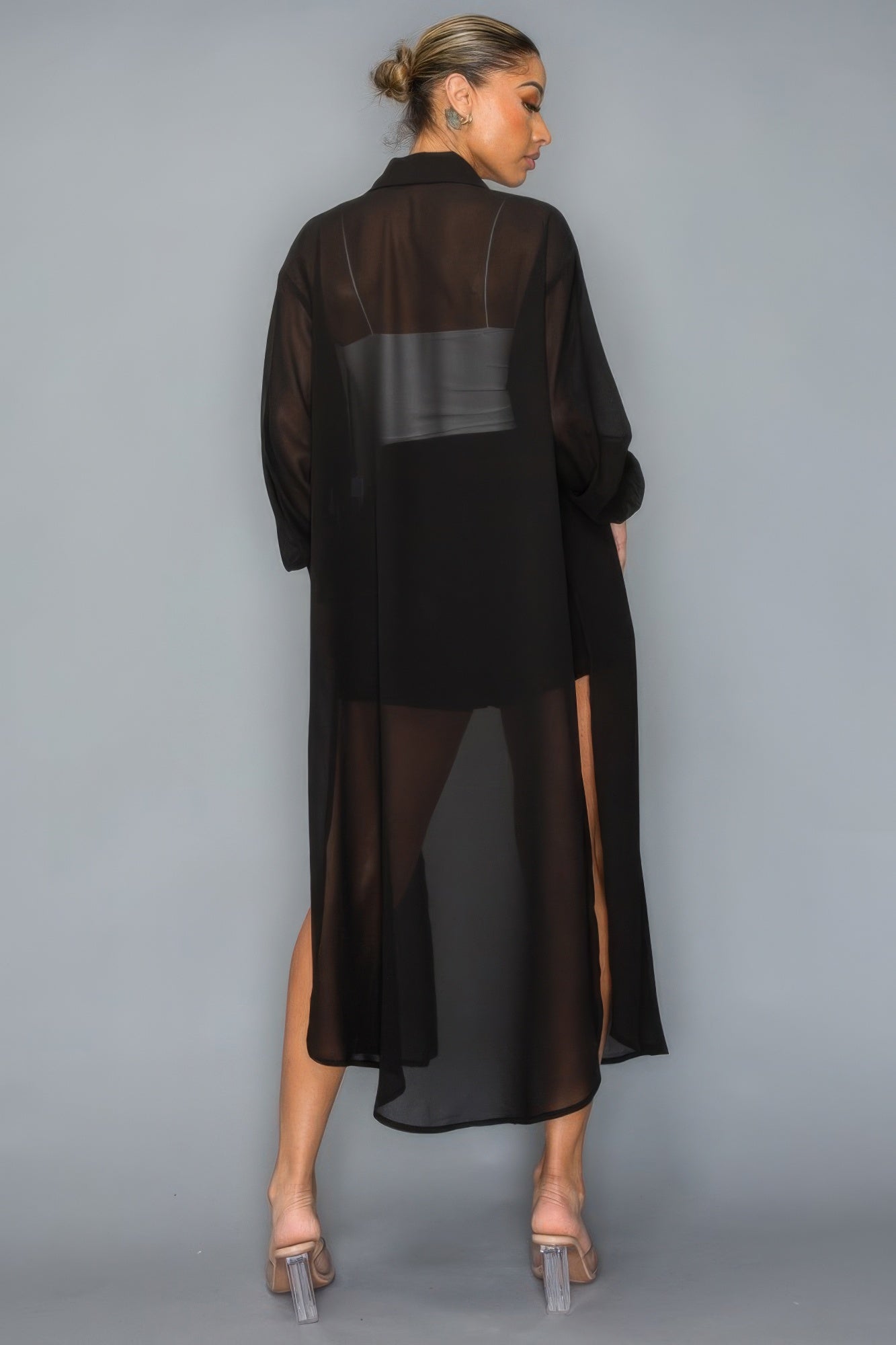 Chiffon Button Down Long Sleeve Side Slit Long Top With Short Set - Body By J'ne