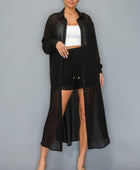 Chiffon Button Down Long Sleeve Side Slit Long Top With Short Set - Body By J'ne