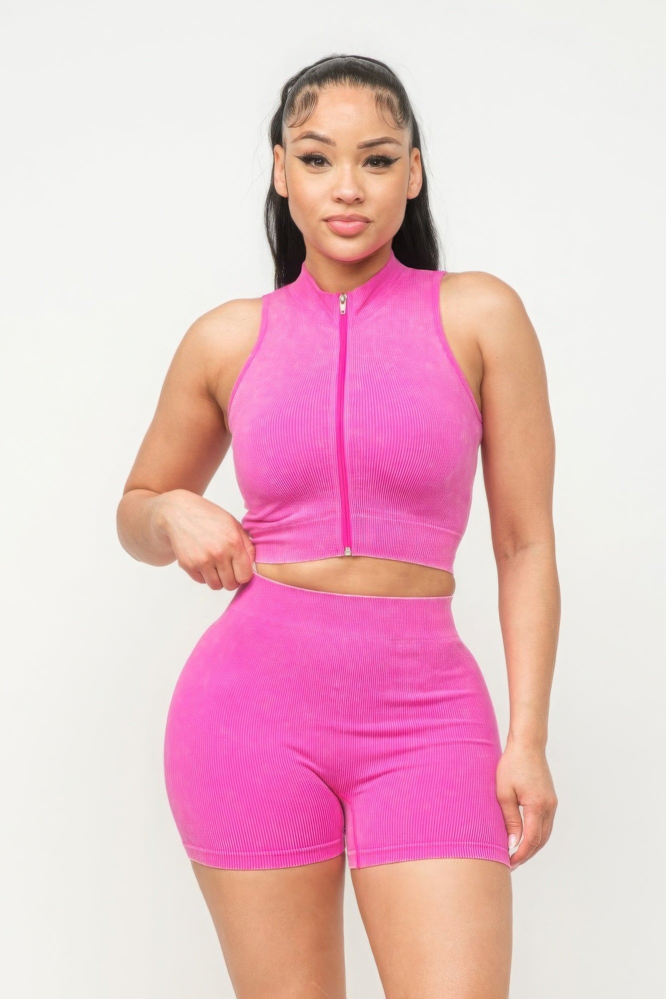 Washed Seamless Zipper Top And Shorts Set - Body By J'ne