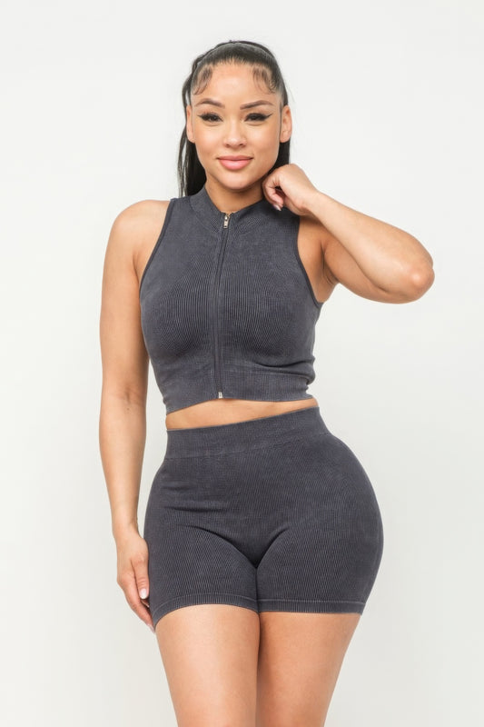 Washed Seamless Zipper Top And Shorts Set - Body By J'ne