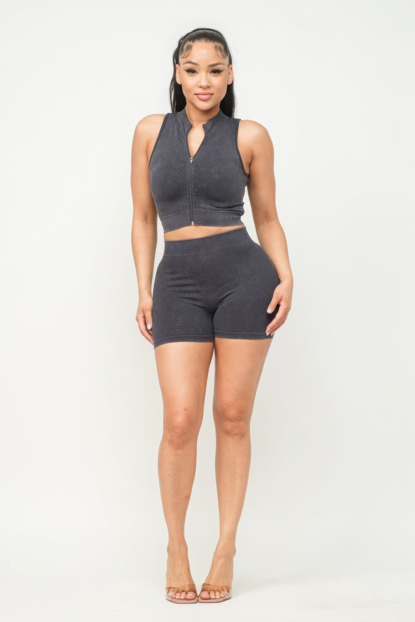 Washed Seamless Zipper Top And Shorts Set - Body By J'ne