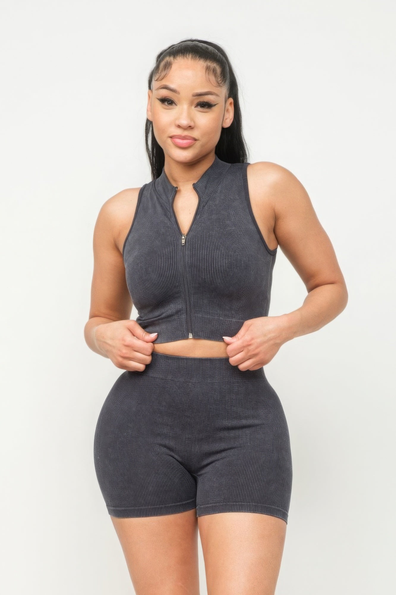 Washed Seamless Zipper Top And Shorts Set - Body By J'ne