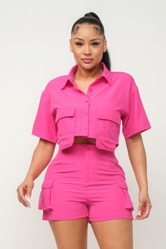 Front Button Down Side Pockets Top And Shorts Set - Body By J'ne