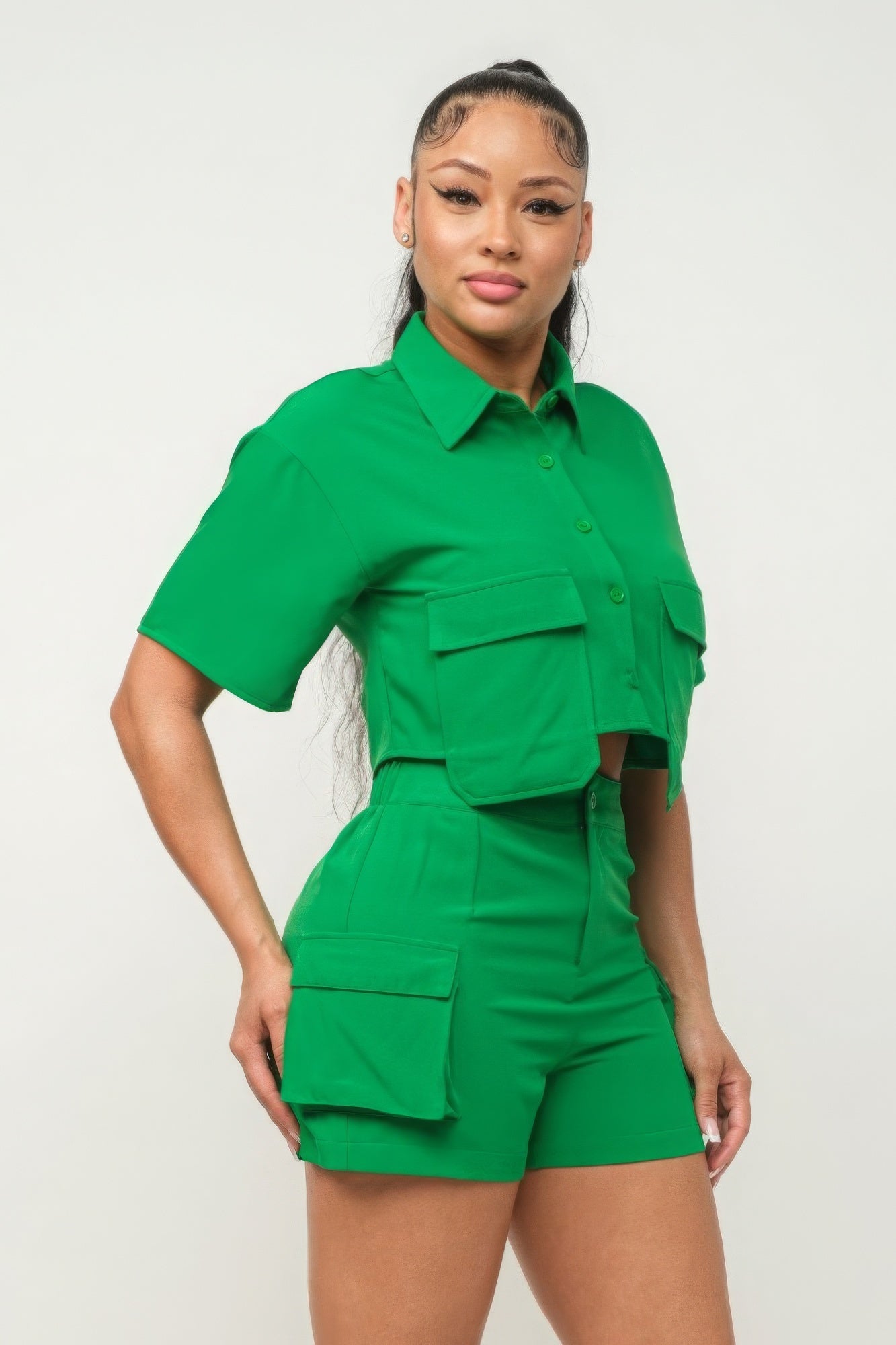 Front Button Down Side Pockets Top And Shorts Set - Body By J'ne