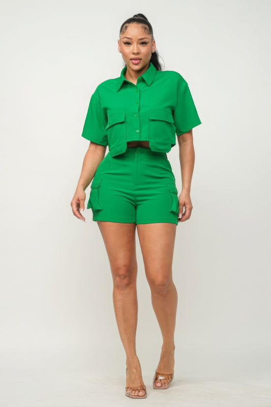 Front Button Down Side Pockets Top And Shorts Set - Body By J'ne