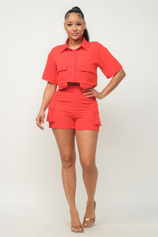 Front Button Down Side Pockets Top And Shorts Set - Body By J'ne