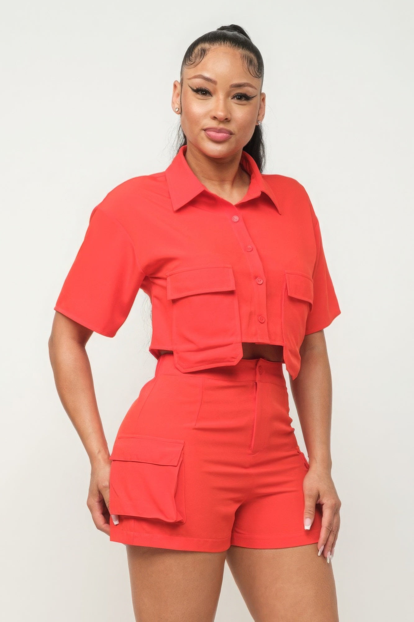 Front Button Down Side Pockets Top And Shorts Set - Body By J'ne