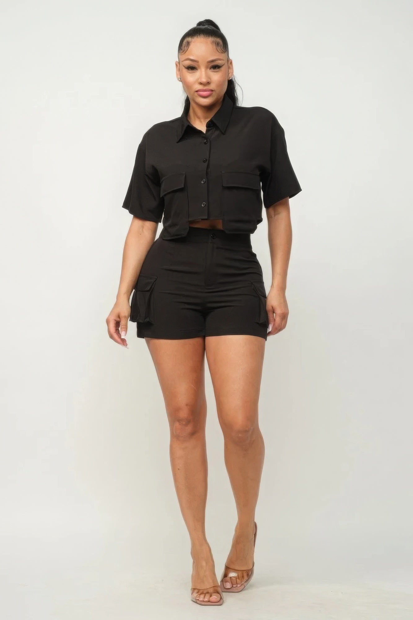 Front Button Down Side Pockets Top And Shorts Set - Body By J'ne