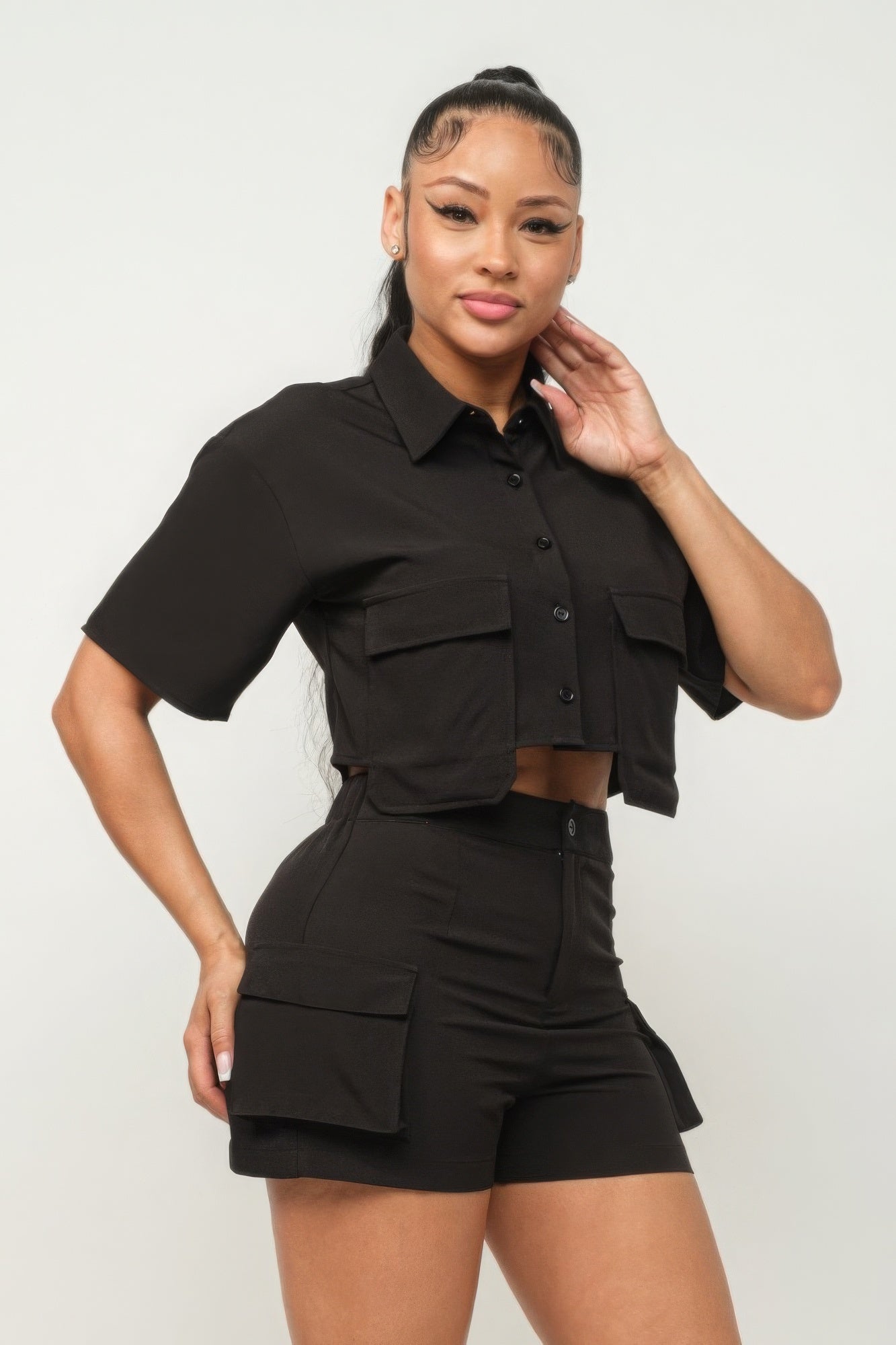 Front Button Down Side Pockets Top And Shorts Set - Body By J'ne