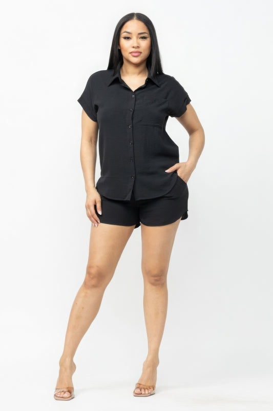 Button Down Pocket Loose Fit Top And Shorts Set - Body By J'ne