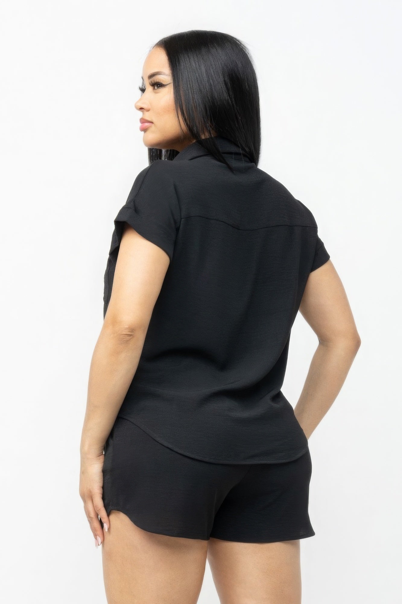 Button Down Pocket Loose Fit Top And Shorts Set - Body By J'ne