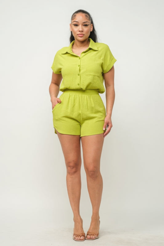Button Down Pocket Loose Fit Top And Shorts Set - Body By J'ne