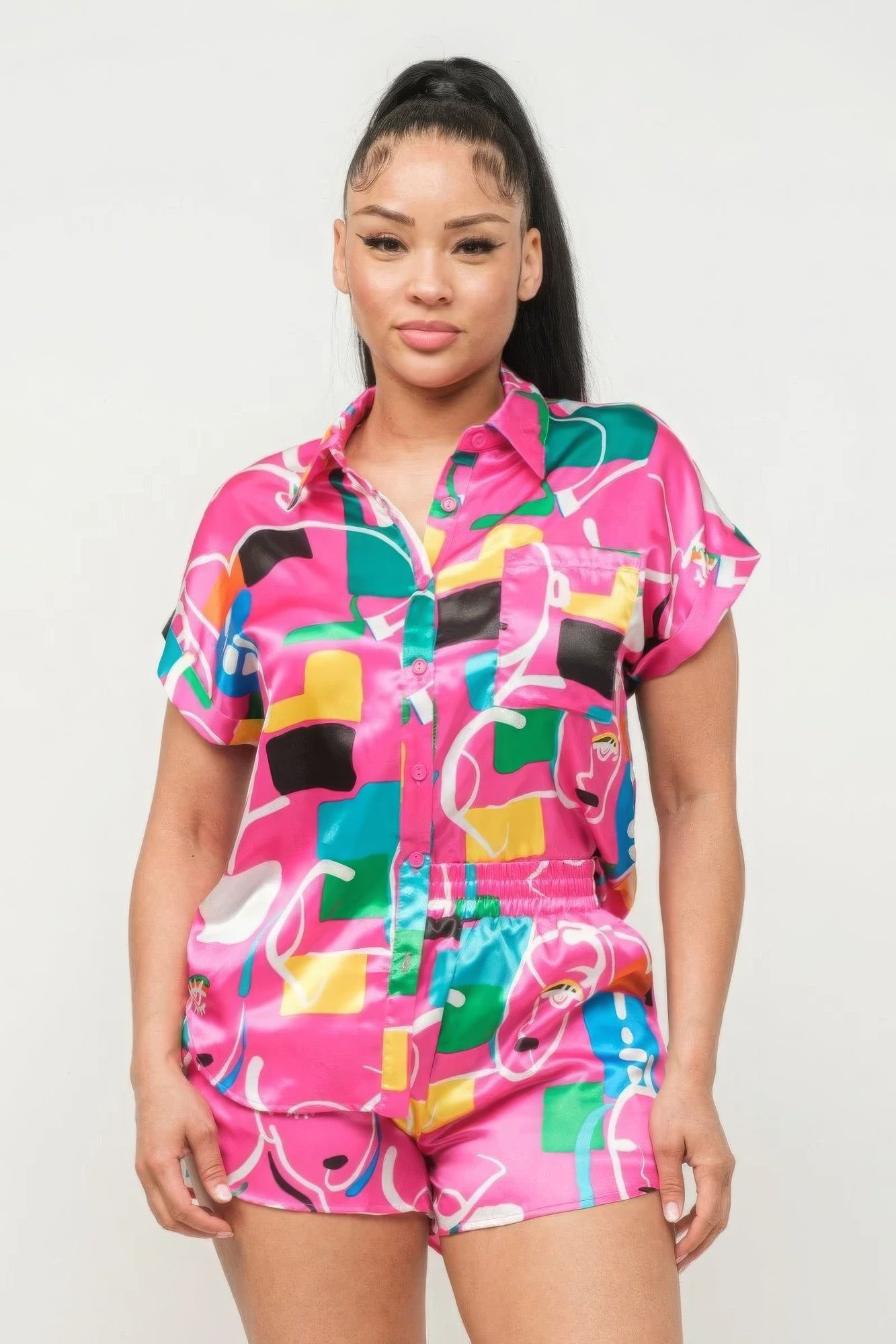 Satin Dolman Print Button Down Top And Shorts Set - Body By J'ne