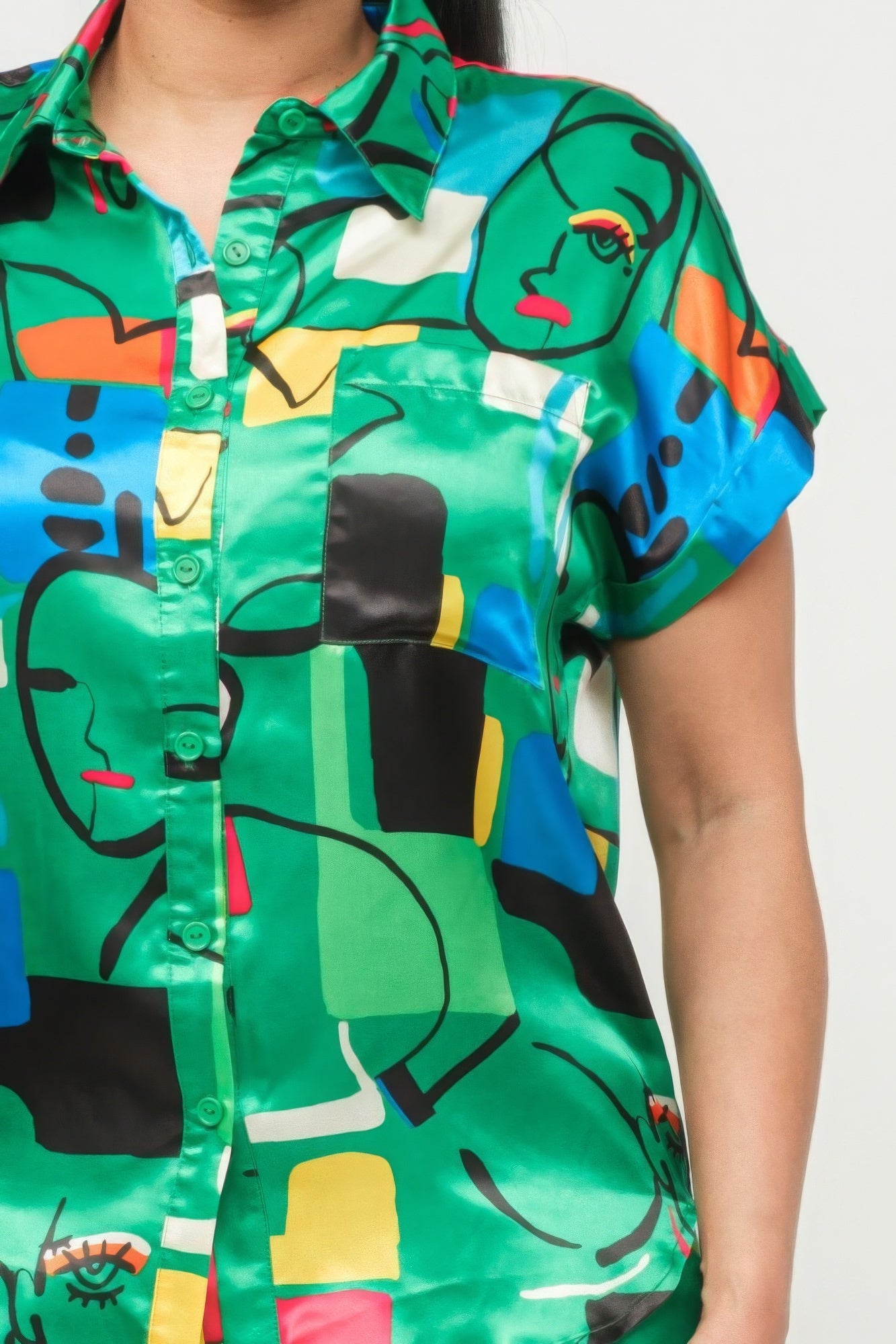 Satin Dolman Print Button Down Top And Shorts Set - Body By J'ne