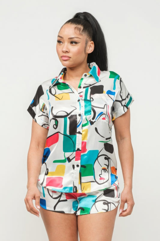 Satin Dolman Print Button Down Top And Shorts Set - Body By J'ne