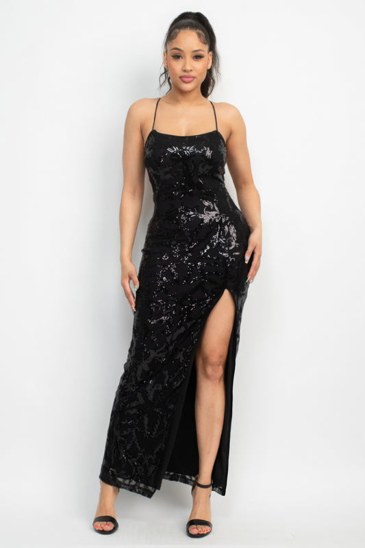 Sequin Back-crisscross Tie Slit Dress - Body By J'ne