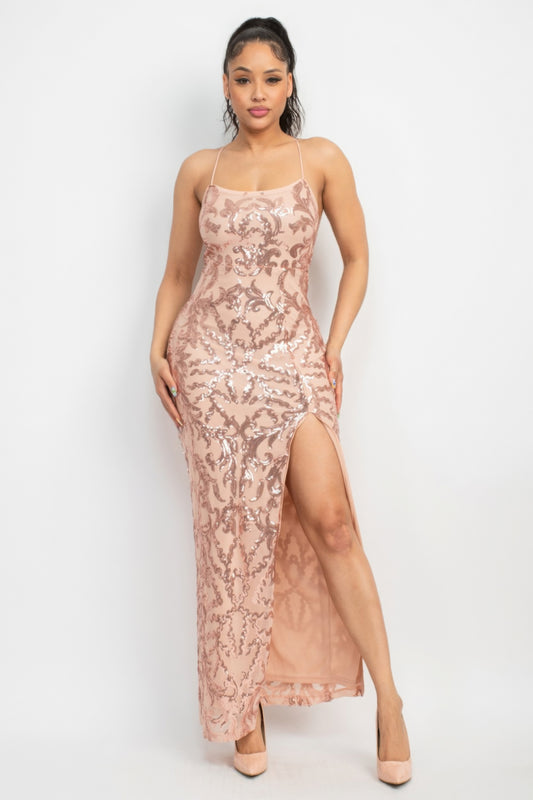 Sequin Back-crisscross Tie Slit Dress - Body By J'ne