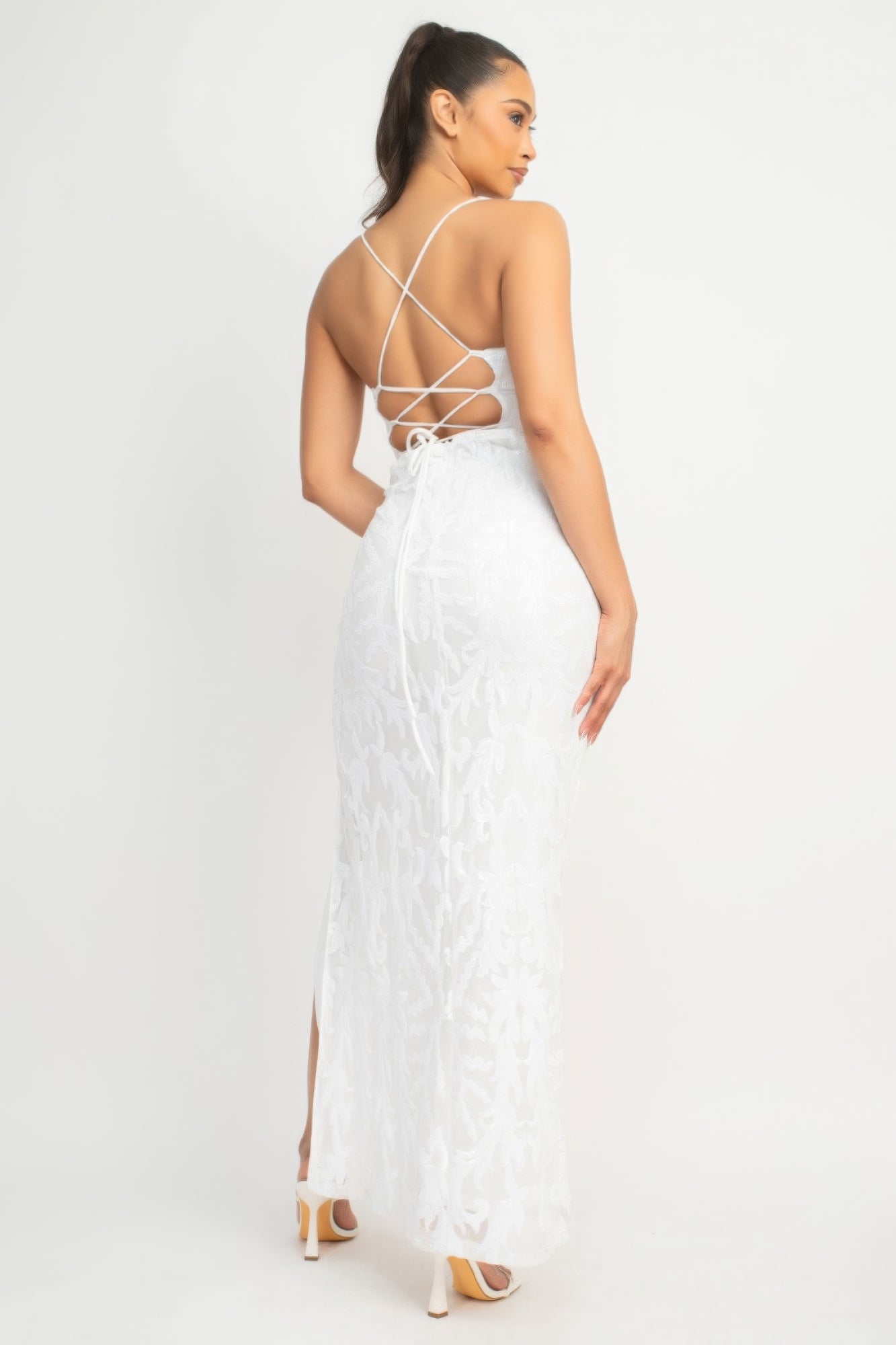 Sequin Back-crisscross Tie Slit Dress - Body By J'ne