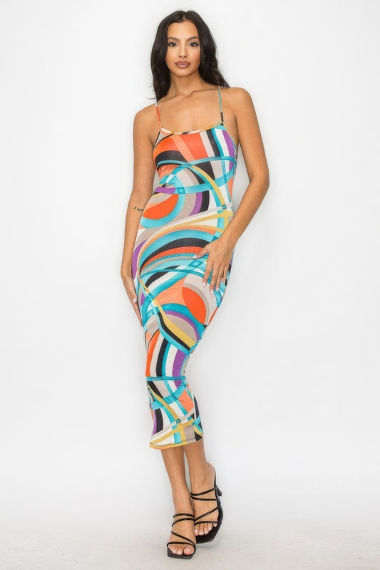 Crossed Back Marble Print Multicolor Midi Dress - Body By J'ne