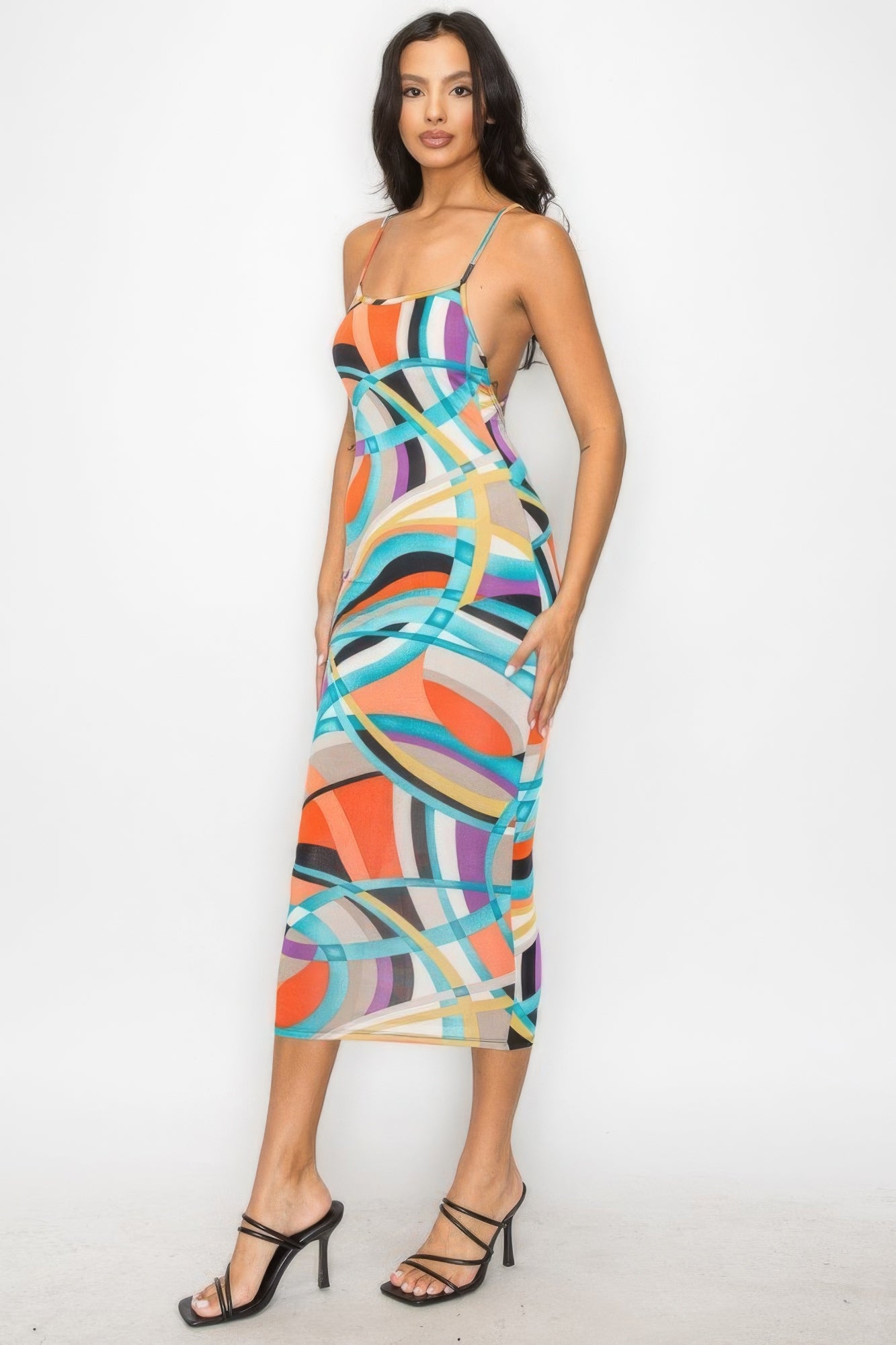 Crossed Back Marble Print Multicolor Midi Dress - Body By J'ne