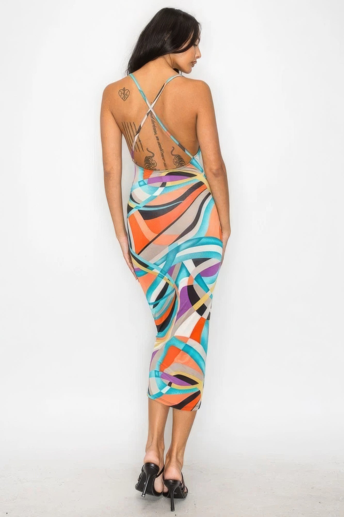 Crossed Back Marble Print Multicolor Midi Dress - Body By J'ne