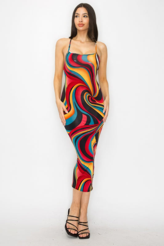 Crossed Back Marble Print Multicolor Midi Dress - Body By J'ne