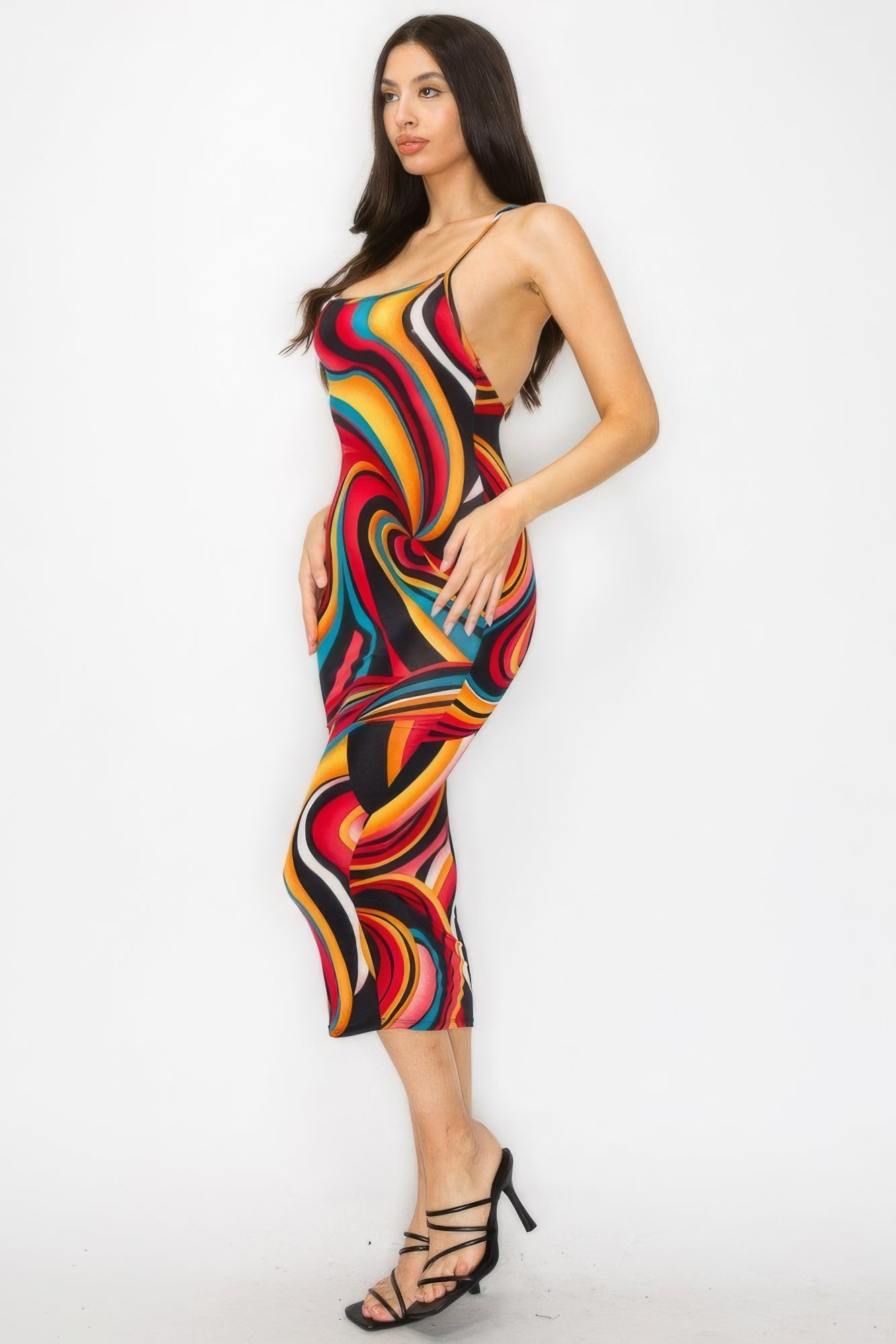 Crossed Back Marble Print Multicolor Midi Dress - Body By J'ne