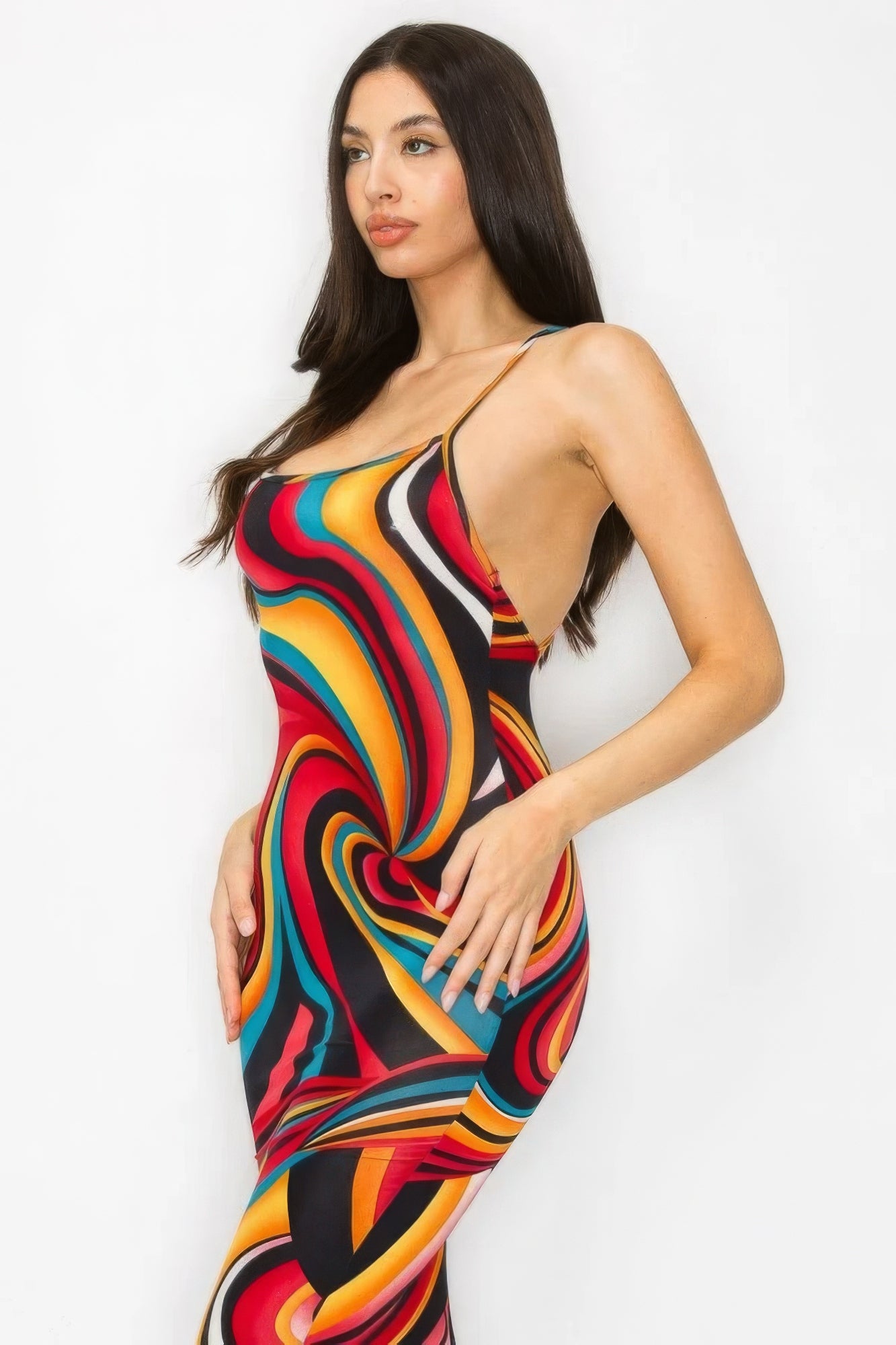 Crossed Back Marble Print Multicolor Midi Dress - Body By J'ne