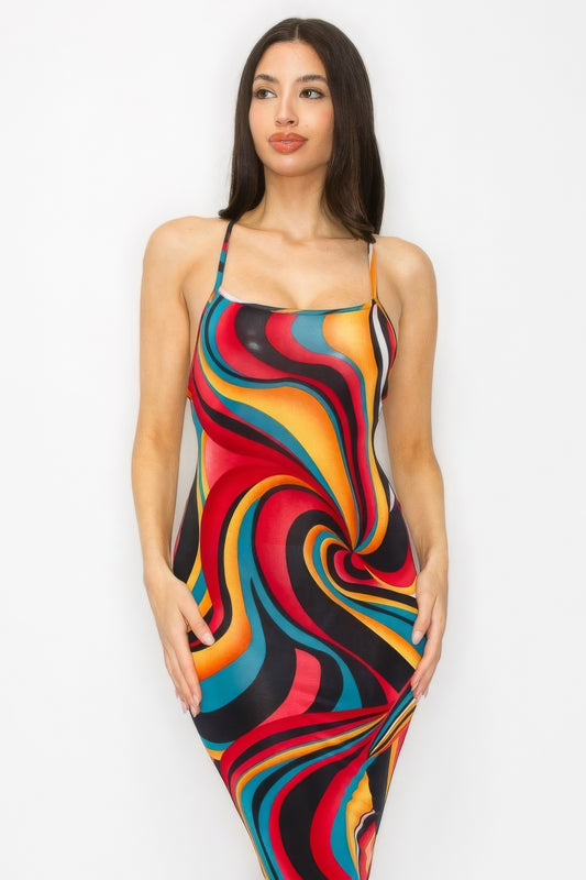 Crossed Back Marble Print Multicolor Midi Dress - Body By J'ne