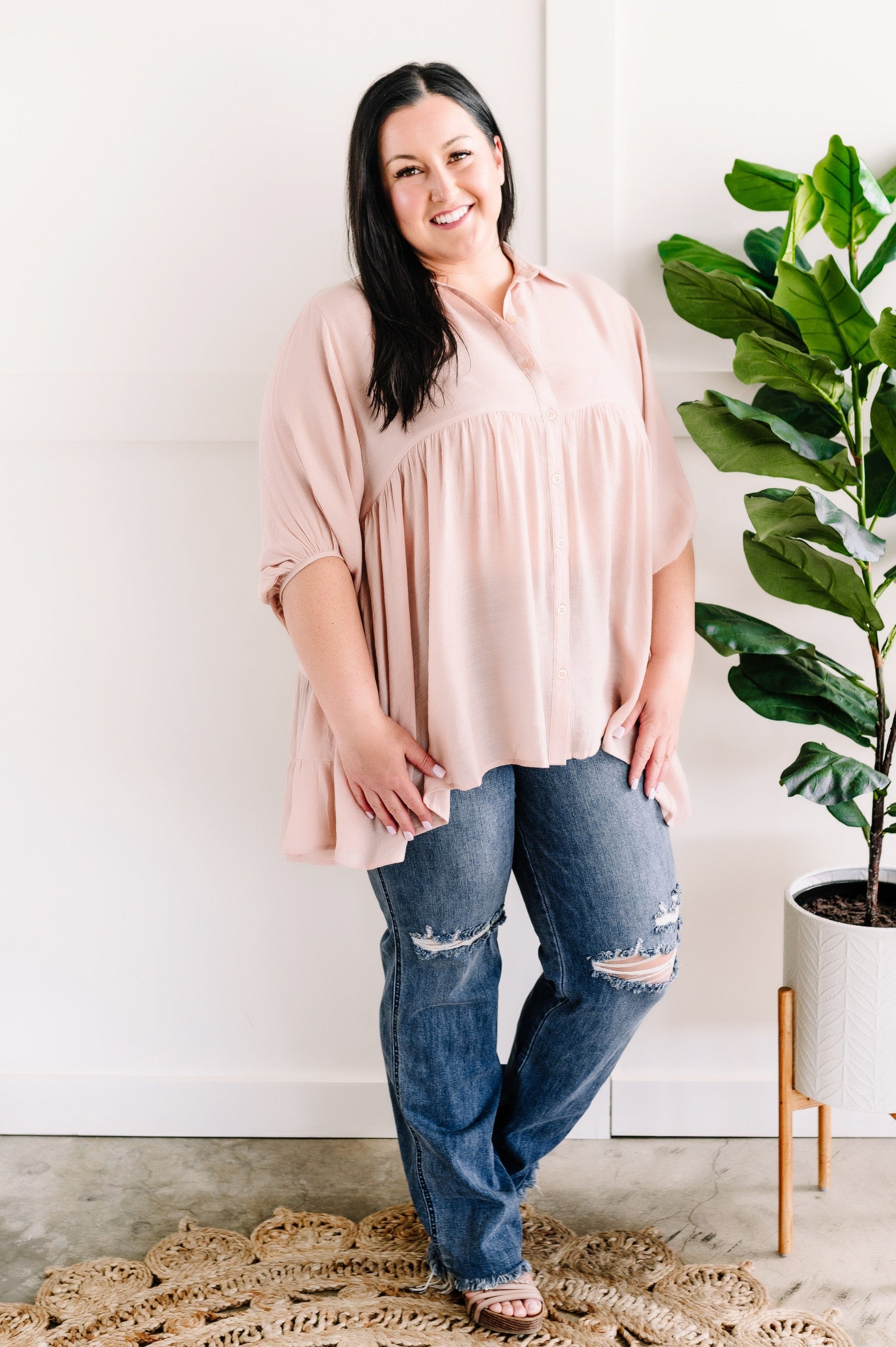 Tiered Bohemian Button Down Blouse In Soft Blush - Body By J'ne