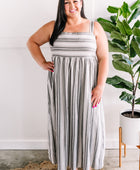 Smocked Maxi Dress In Grey & Ivory Stripes - Body By J'ne